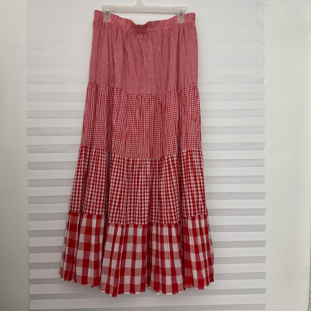 Vintage Orvis Red Gingham Tiered Boho Maxi Skirt Womens M Cottagecore Prarie USA - Picture 2 of 7
